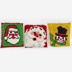 Vintage 70s Christmas Latch Hook Throw Pillows Set Of 3 Shaggy Santa